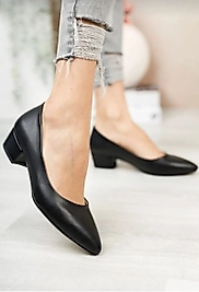 Kadın Ayakkabı Siyah Cilt Kısa Topuklu Kapalı Kova Ayakkabı Günlük Ayakkabı 3 cm