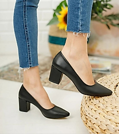 Kadın Ayakkabı Siyah Cilt Kısa Topuklu Kapalı Kova Ayakkabı Günlük Ayakkabı 5 cm