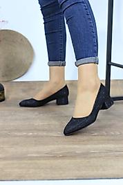 Kadın Ayakkabı Siyah Simli Kısa Kalın Topuklu Ayakkabı 3cm