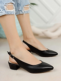 Kadın Ayakkabı Siyah Cilt Kısa Topuklu Arkası Açık Abiye Ayakkabı Günlük Klasik Ayakkabı 3cm