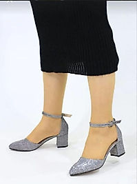 Kadın Ayakkabı Simli Platin Cupra Kısa Topuklu Klasik Ayakkabı Günlük 5 CM Siyah Simli