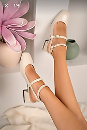 Kadın Rugan Ten Arkası Açık Kare Burunlu Baretli Kısa Blok Topuklu Ayakkabı Günlük 3 CM