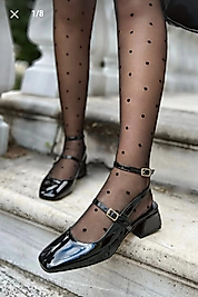 Kadın Rugan Siyah Arkası Açık Kare Burunlu Baretli Kısa Blok Topuklu Ayakkabı Günlük 3CM