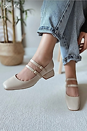 Kadın Mary Jane Rugan Ten Arkası Kapalı Çift Bant Kare Burunlu Baretli Kısa Blok Topuklu Ayakkabı 3 cm