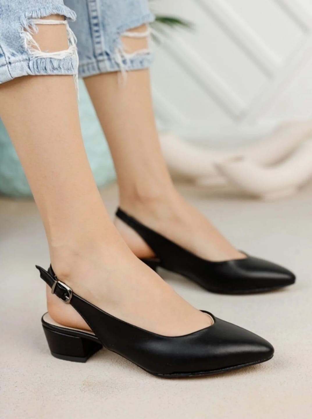 Kadın Ayakkabı Siyah Cilt Kısa Topuklu Arkası Açık Abiye Ayakkabı Günlük Klasik Ayakkabı 3cm