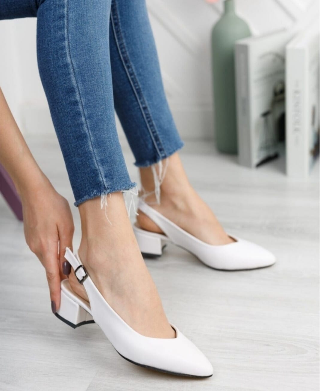 Kadın Ayakkabı Beyaz Cilt Kısa Topuklu Arkası Açık Abiye Ayakkabı Günlük Klasik Ayakkabı 3cm