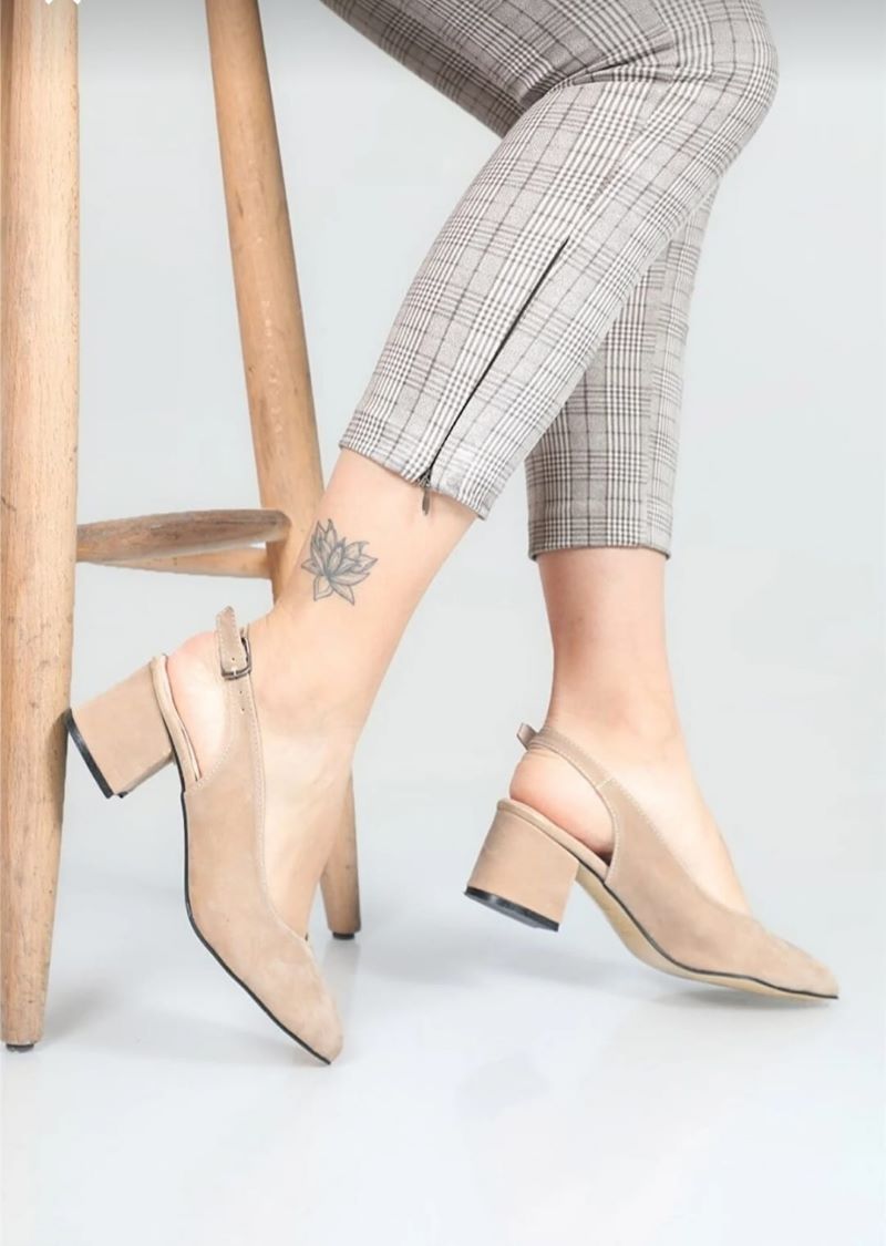 Kadın Ayakkabı Ten Süet Kısa Topuklu Arkası Açık Abiye Ayakkabı Günlük Klasik Ayakkabı 5 cm