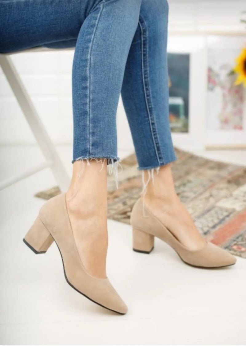 Kadın Ayakkabı Ten Süet Kısa Topuklu Kapalı Kova Ayakkabı Günlük Ayakkabı 5 cm