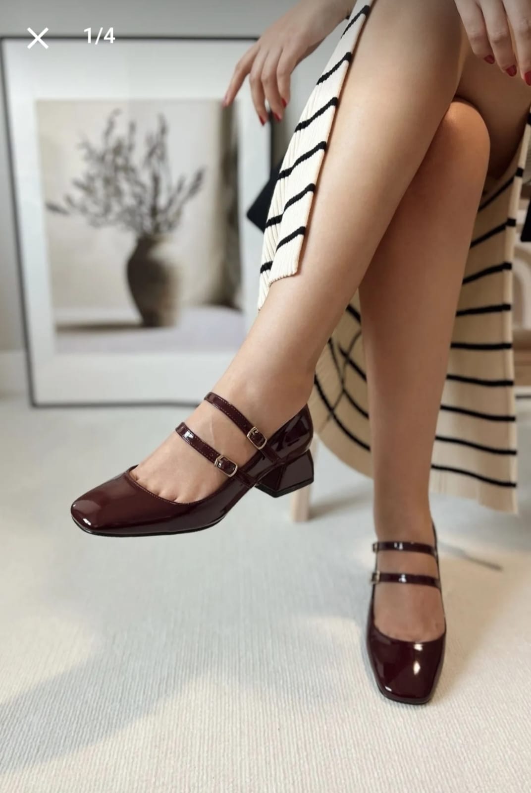 Kadın Mary Jane Rugan Bordo Arkası Kapalı Çift Bant Kare Burunlu Baretli Kısa Blok Topuklu Ayakkabı 3 CM