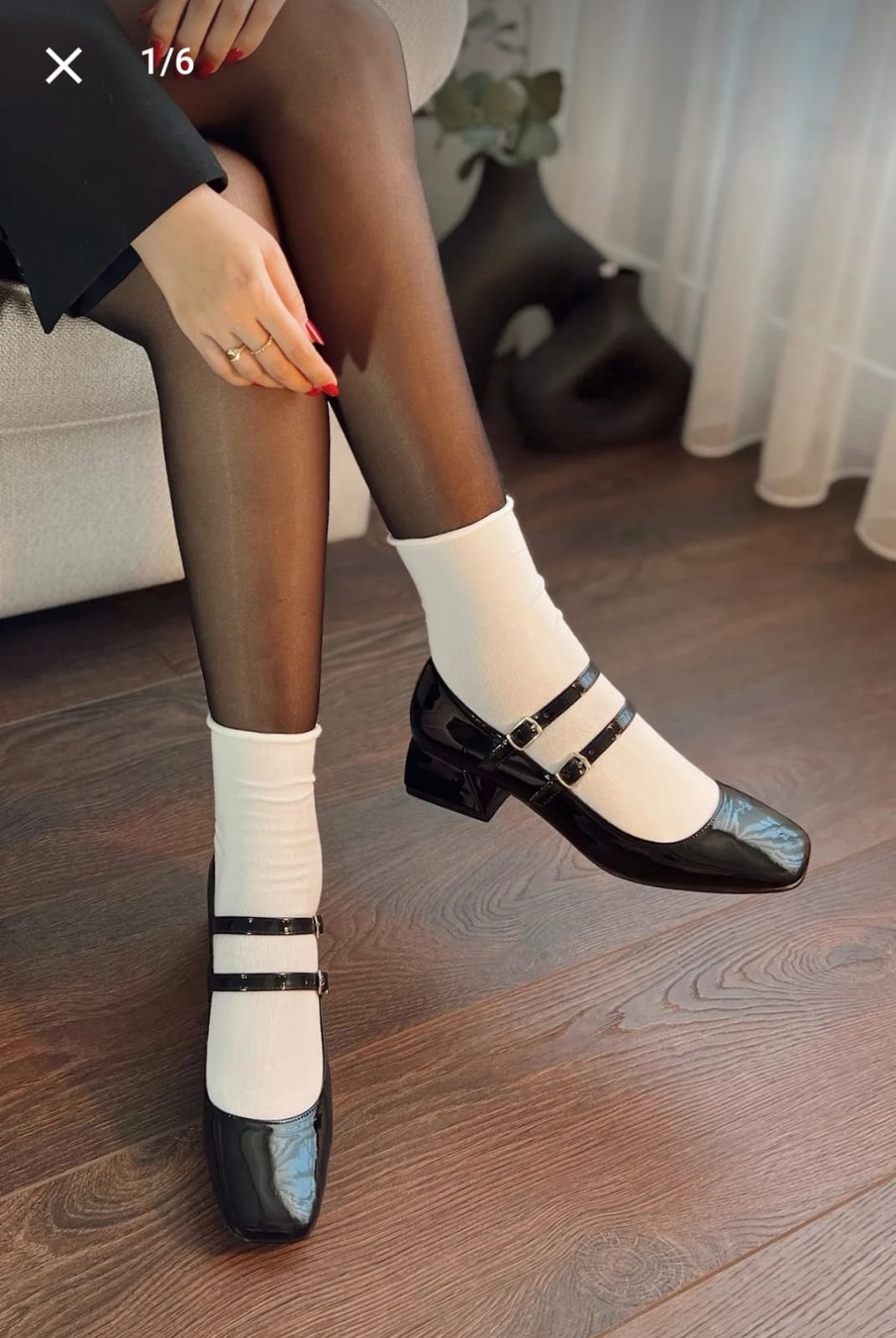 Kadın Mary Jane Rugan Siyah Arkası Kapalı Çift Bant Kare Burunlu Baretli Kısa Blok Topuklu Ayakkabı 3 CM